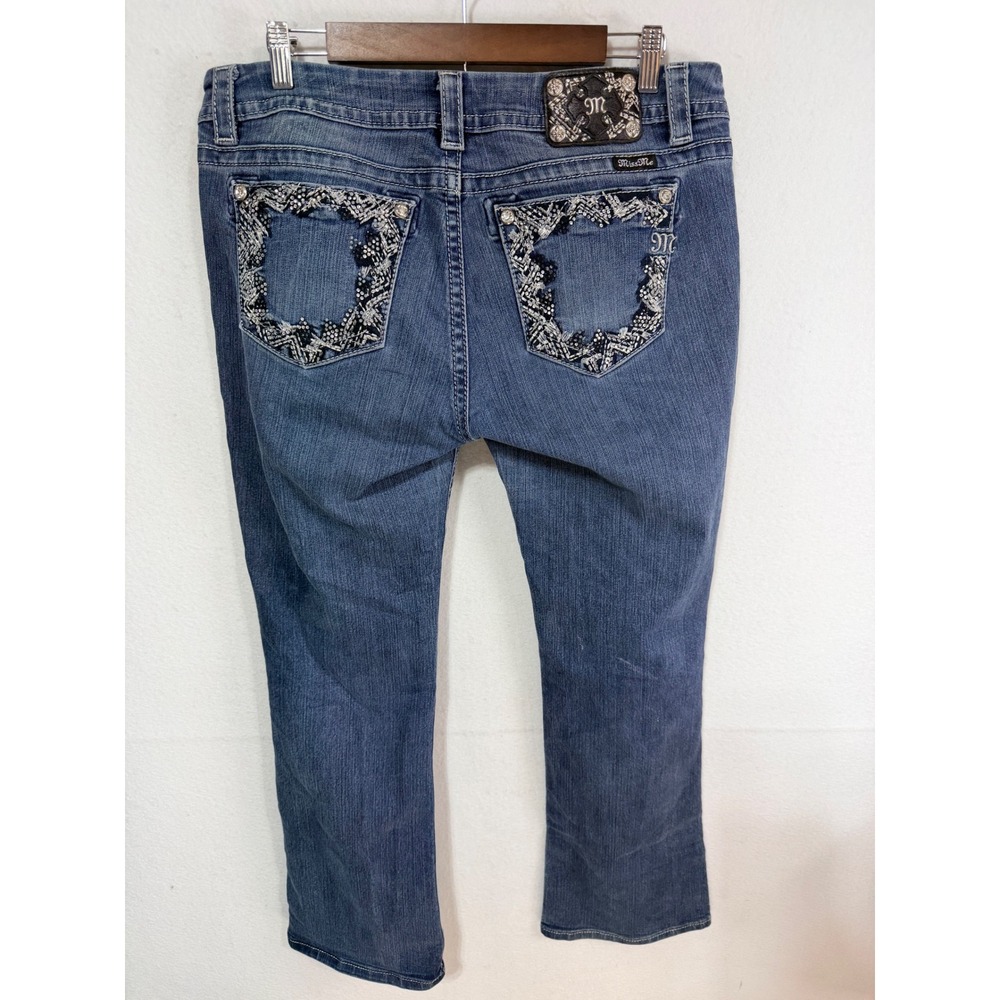 Miss Me Mid-Rise Easy Boot Jeans Size 33 Blue Embellished Denim Y2K Style Cotton